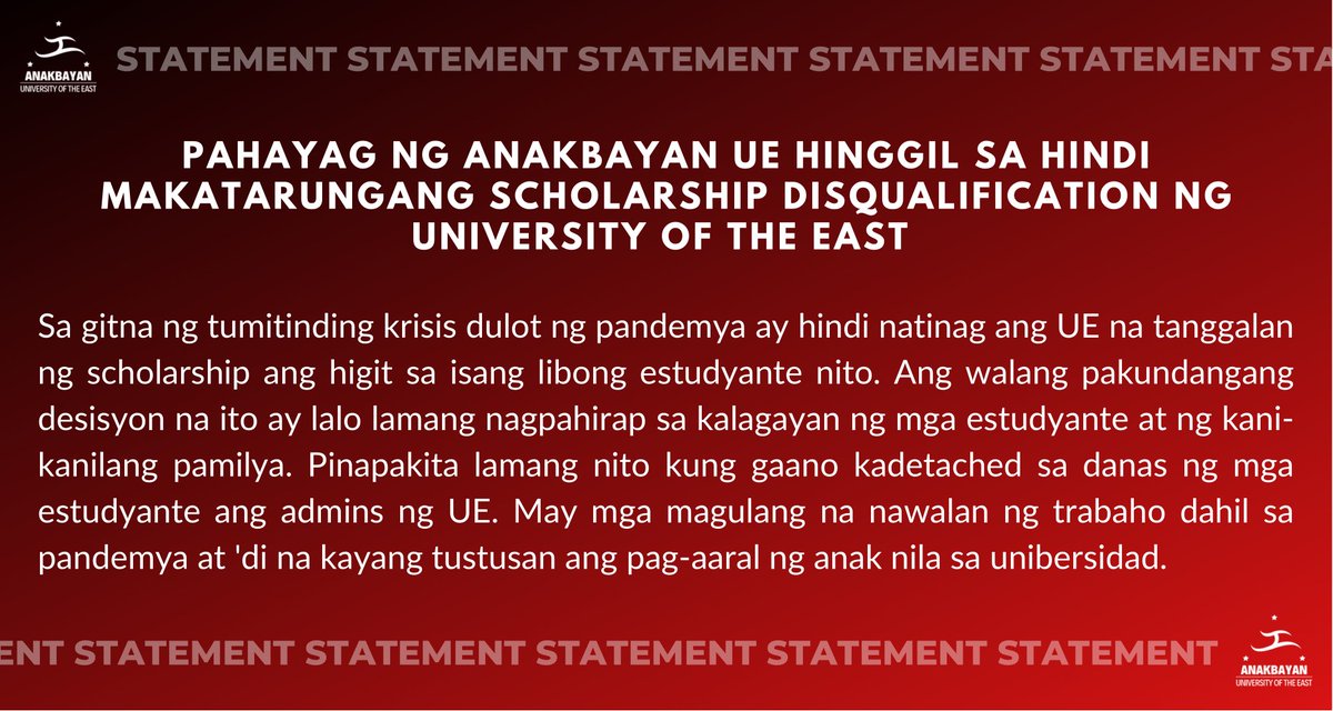 AnakbayanUE's tweet photo. BASAHIN: PAHAYAG NG ANAKBAYAN UE HINGGIL SA HINDI MAKATARUNGANG SCHOLARSHIP DISQUALIFICATION NG UNIVERSITY OF THE EAST https://t.co/g17VWVpPzo