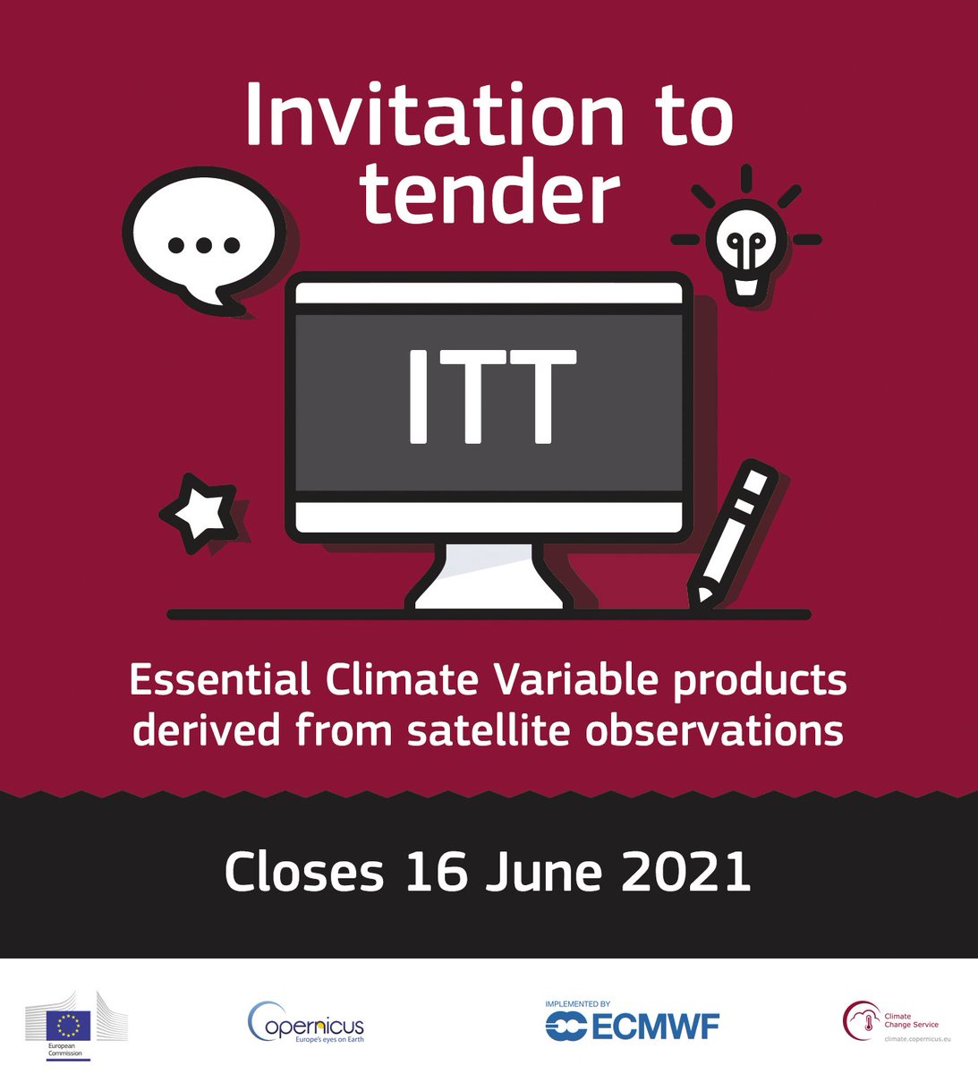 Interested in working with the #CopernicusClimate Change Service? We are inviting tenders to deliver high-quality Essential Climate Variable products that are derived from satellite observations and accessible from the #ClimateDataStore.

Full #ITT➡️bit.ly/3fb4oZx