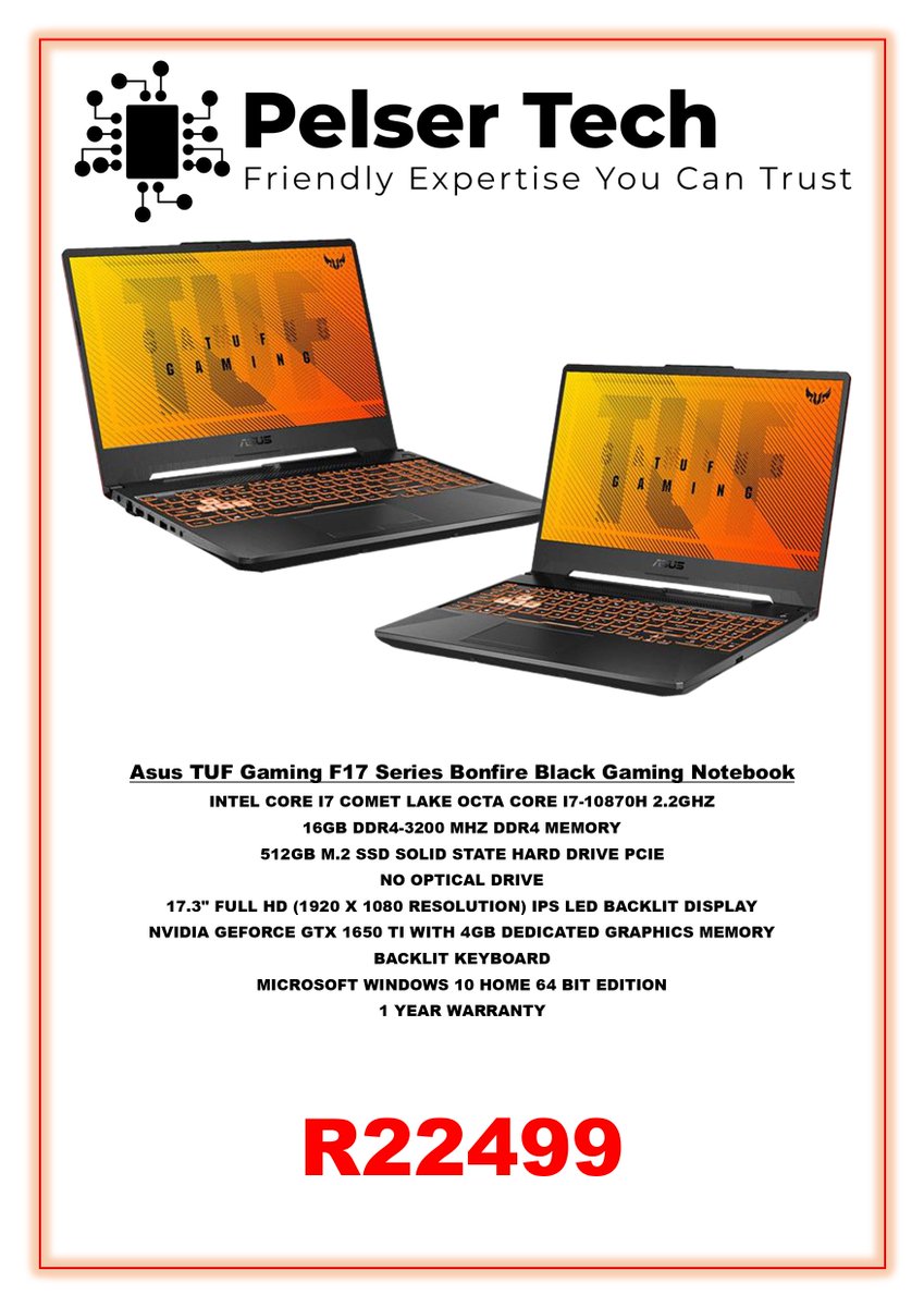 LtdPelser's tweet photo. Asus Tuff Gaming F17 Laptops Available at Pelser Tech 

Core I5 ---> https://t.co/C4bBWWzhua

Core I7 ---> https://t.co/jfBxIAnCJ2

Only 4 Available of each do not miss out...!

@ObscurityOO @FILTHY_ZA https://t.co/tTG4AUPz5R