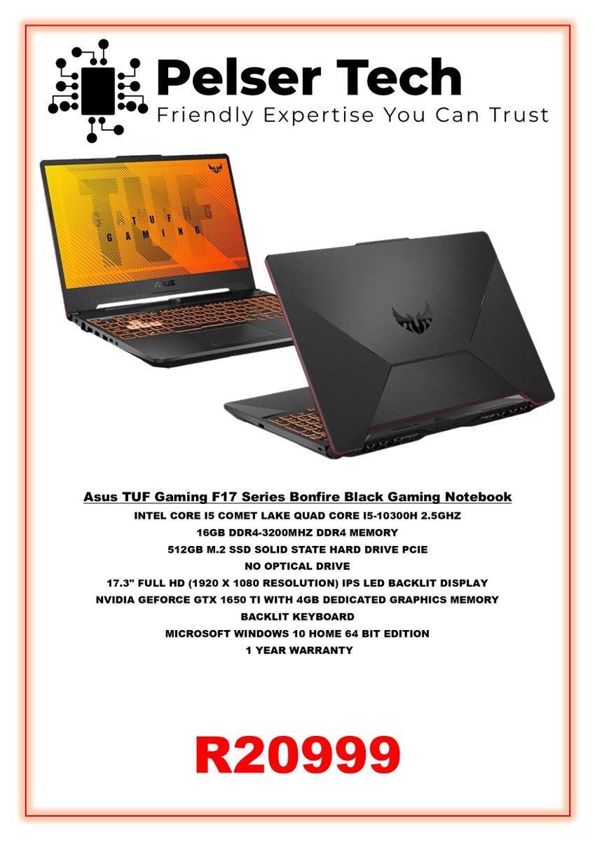 LtdPelser's tweet photo. Asus Tuff Gaming F17 Laptops Available at Pelser Tech 

Core I5 ---> https://t.co/C4bBWWzhua

Core I7 ---> https://t.co/jfBxIAnCJ2

Only 4 Available of each do not miss out...!

@ObscurityOO @FILTHY_ZA https://t.co/tTG4AUPz5R