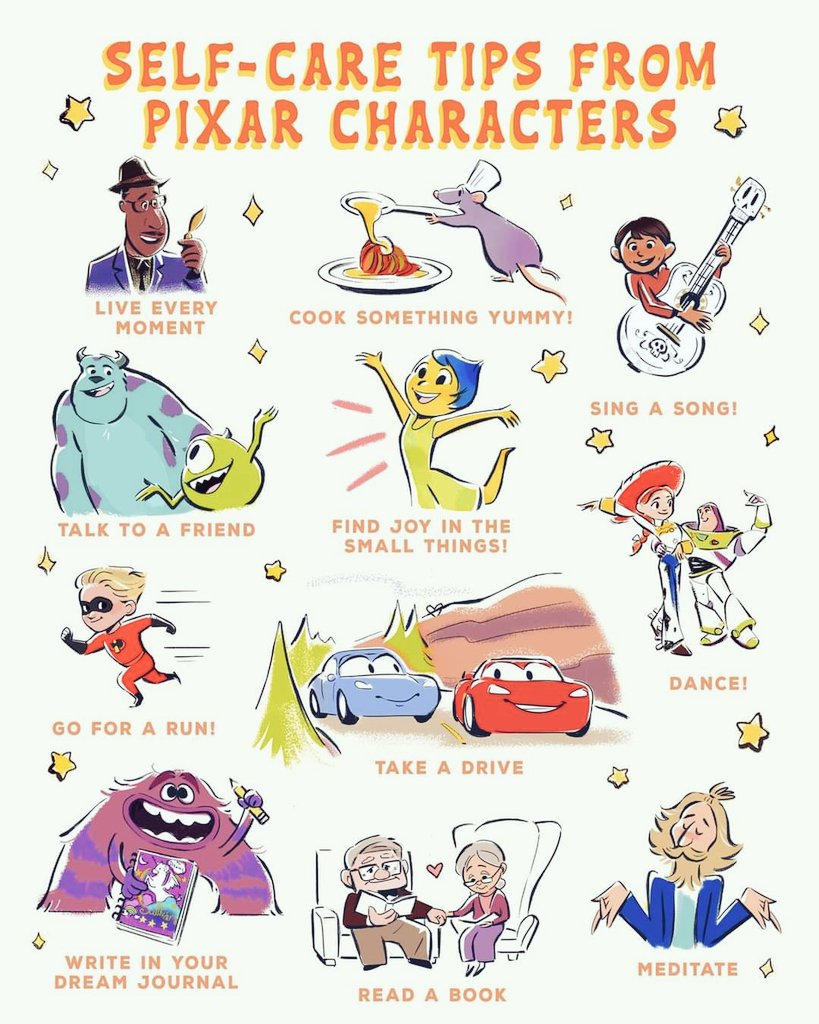 Self-care tips from <a href="/Disney/">Disney</a>/<a href="/Pixar/">Pixar</a> characters. 
#SEL #selfcare #kidsdeserveit