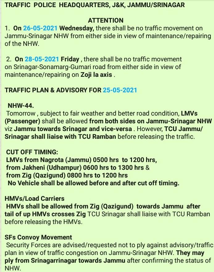 Jammu Kashmir Traffic plan for 25-05-2021