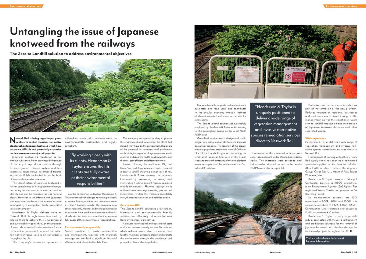 Great to see our FM team featured in this month's RailDirector issue from railbusinessdaily.com, highlighting our knotweed removal on the UK's railway network. To see the article in all its' glory or for the full magazine, visit issuu.com/raildirector/d… (we're pages 54-55).