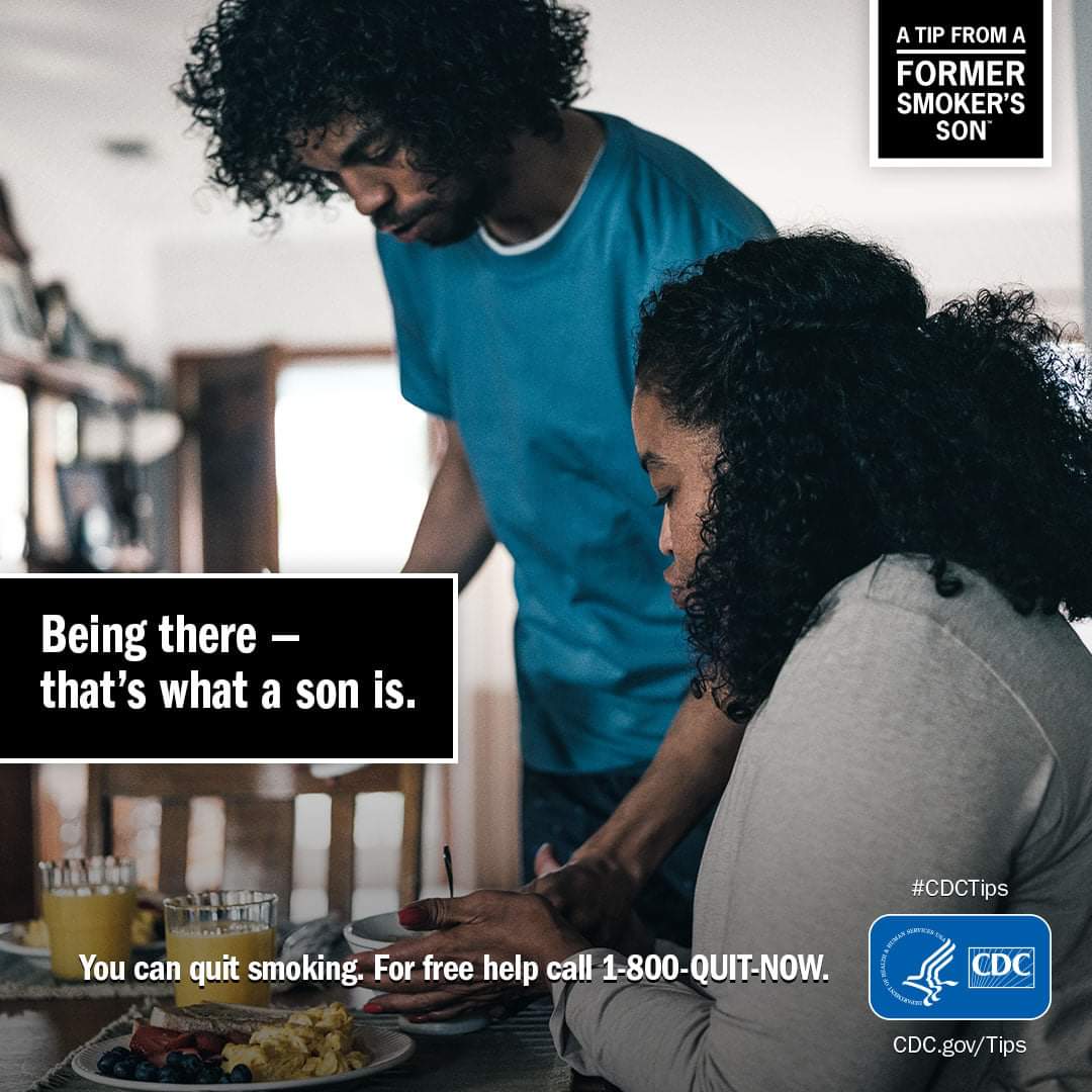 Leah M. was diagnosed with colorectal cancer from smoking. Her son Asaad M. put his life on hold to become her full-time caregiver. Read their story: go.usa.gov/xsTKP #CDCTips