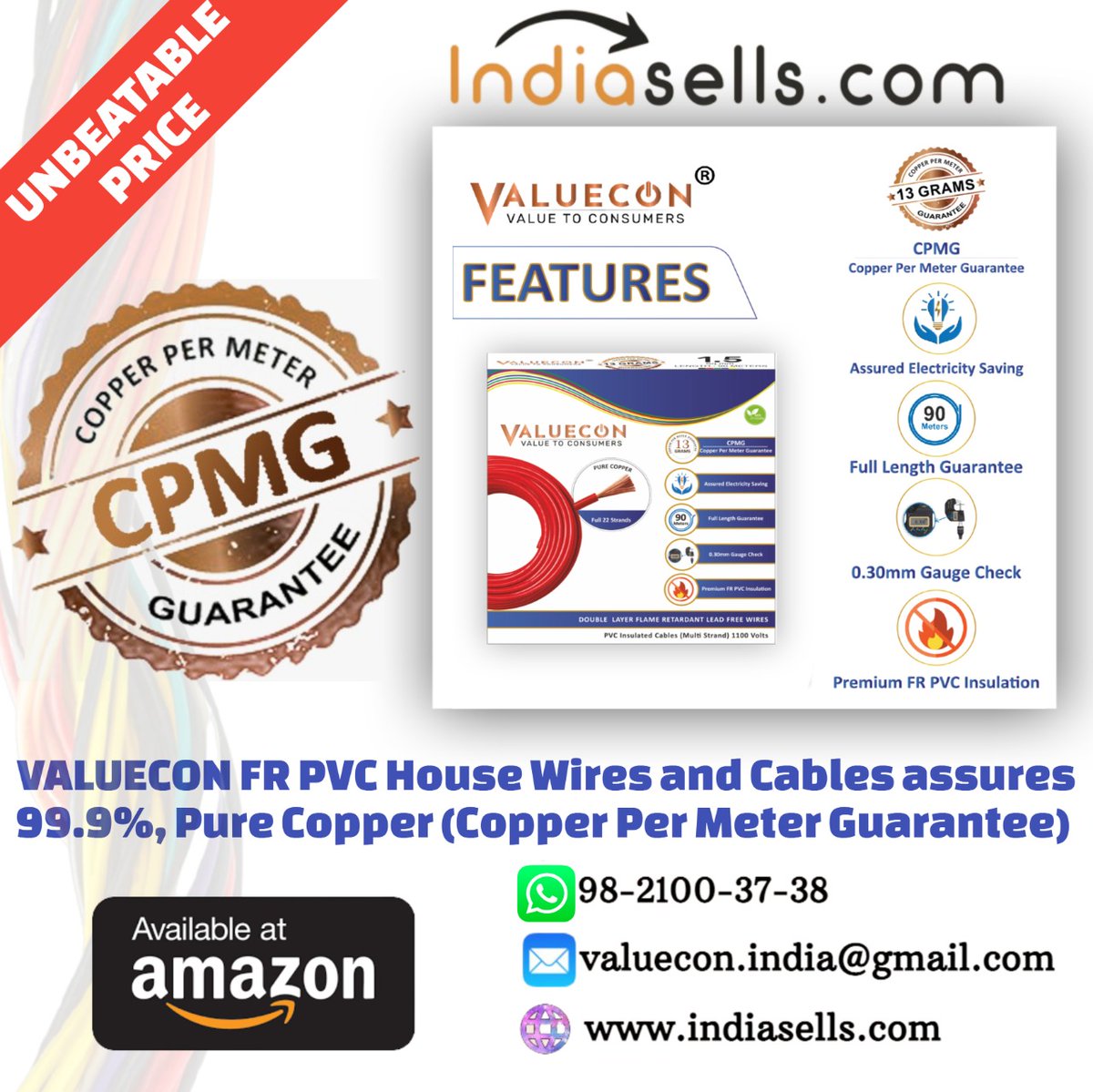 IndiasellsC's tweet photo. Why pay more when VALUECON is offering the best quality FR PVC House wires and Cables at DIRECT FACTORY PRICES. 
Enquire Now:
Whatsapp : https://t.co/SUoutBhTHo
Mail           : valuecon.india@gmail.com
#purecopper #purecopperguaranteed #fulllengthwires #wiremanufacturer https://t.co/2OfdtJKstg