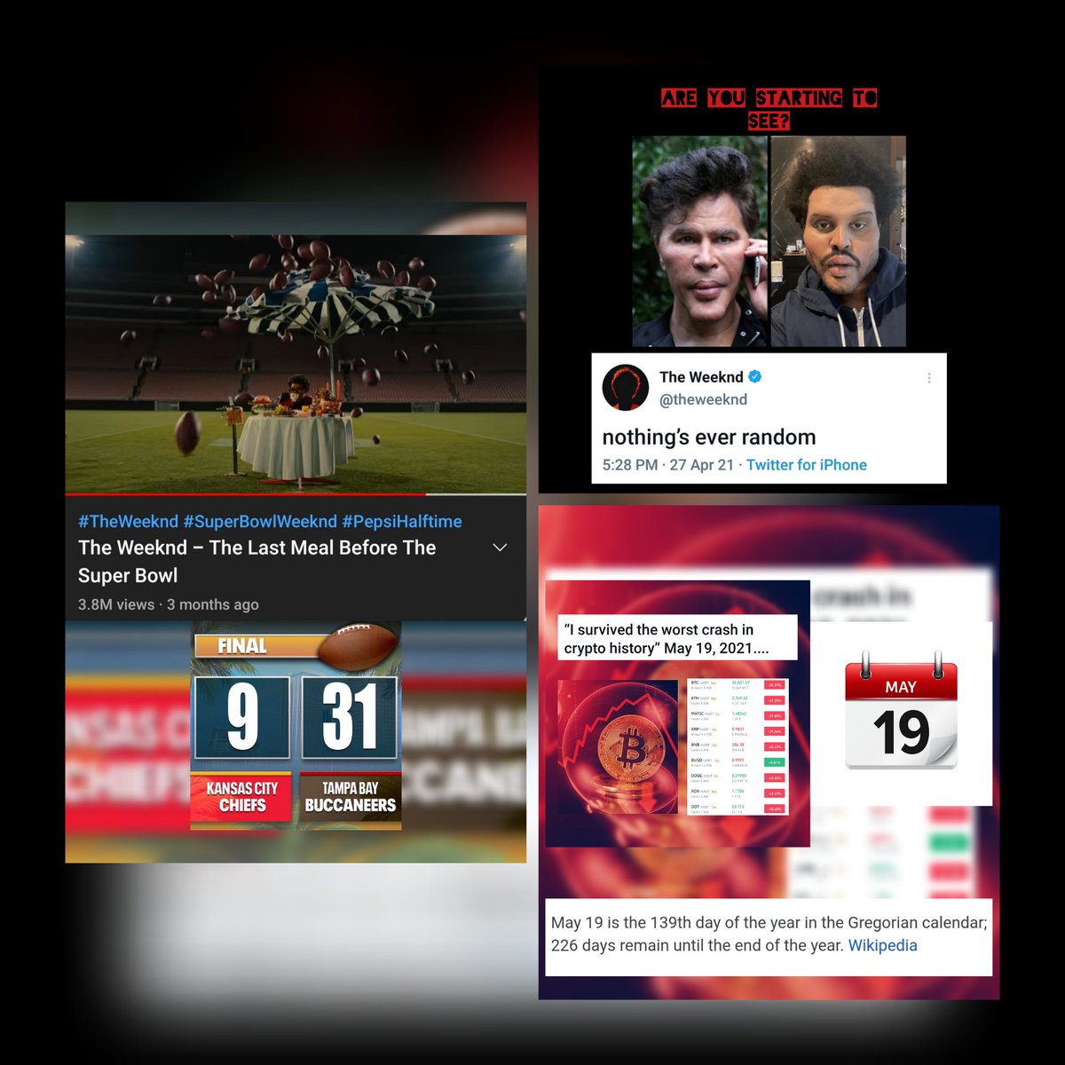 TheMatrixology's tweet photo. -The #Elite hide messages in plain ((#Sight))

-As I've shown you before, the #SuperBowl &amp; #TheWeeknd were used as a clear ((Warning)) for the recent #Bitcoin Crash....

- Also Understand that "#coincidences" do not exist..

(#Nothing is #Random)

#Matrix https://t.co/tEehteQK1f