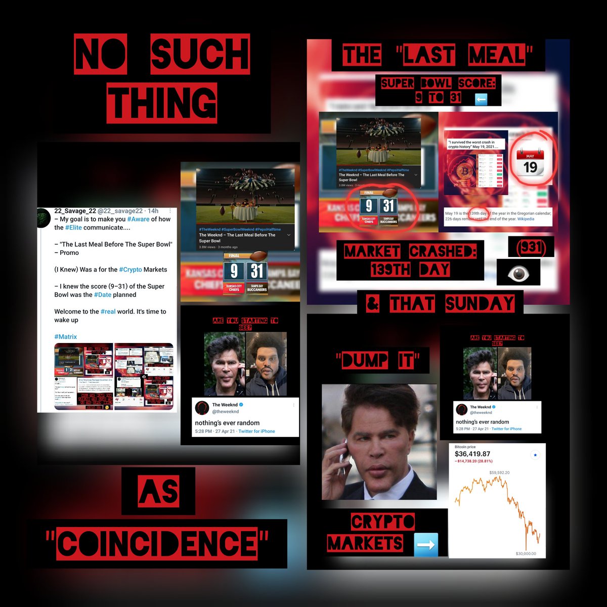 TheMatrixology's tweet photo. -The #Elite hide messages in plain ((#Sight))

-As I've shown you before, the #SuperBowl &amp; #TheWeeknd were used as a clear ((Warning)) for the recent #Bitcoin Crash....

- Also Understand that "#coincidences" do not exist..

(#Nothing is #Random)

#Matrix https://t.co/tEehteQK1f