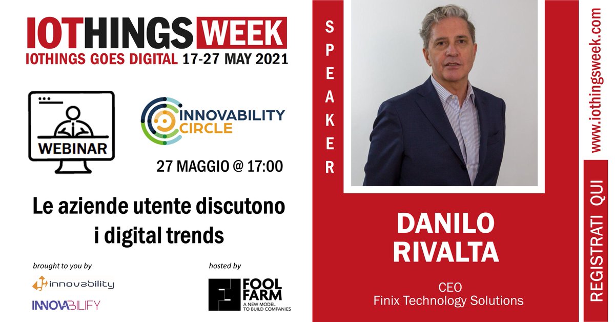 FINIXTS's tweet photo. Il 27 Maggio 2021 alle 17.00 il nostro CEO @rivalta_danilo parlerà di #digitaltrends e di #IoT durante la tavola rotonda #InnovabilityCircle organizzata da Innovability per l'#IOTHINGSWEEK. https://t.co/AgY6bSPvTr