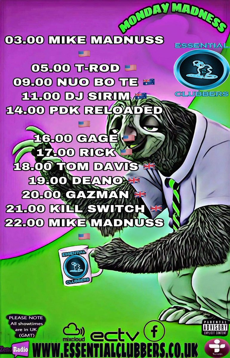 ESSENTIALCLUBB3's tweet photo. MONDAY MADNESS!!!!

PLEASE NOTE: All showtimes are shown in UK time (GMT) 

#ecradio #Essentialclubbers #NowPlaying #chat #listenlive #tuneinapp #Radio #jointhemovement #Facebook #mixcloud #Instagram #worldwide https://t.co/mCx85OCKZ7