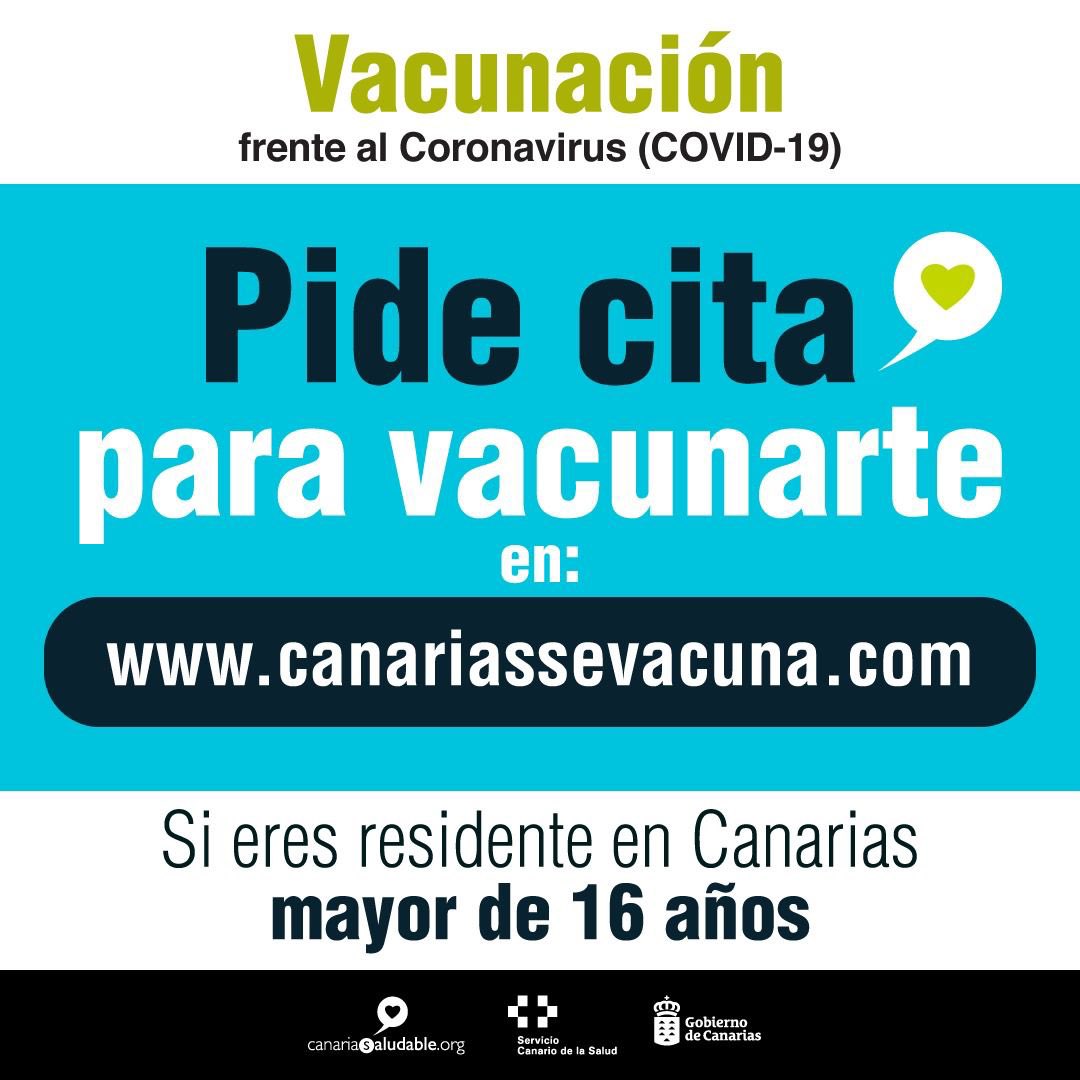 Las personas residentes en #Canarias mayores de 16 años ya pueden solicitar cita para vacunarse contra la #COVID19 en canariassevacuna.com. La sociedad canaria está respondiendo a la vacunación. Avanzamos hacia el objetivo del 70% de la población vacunada.