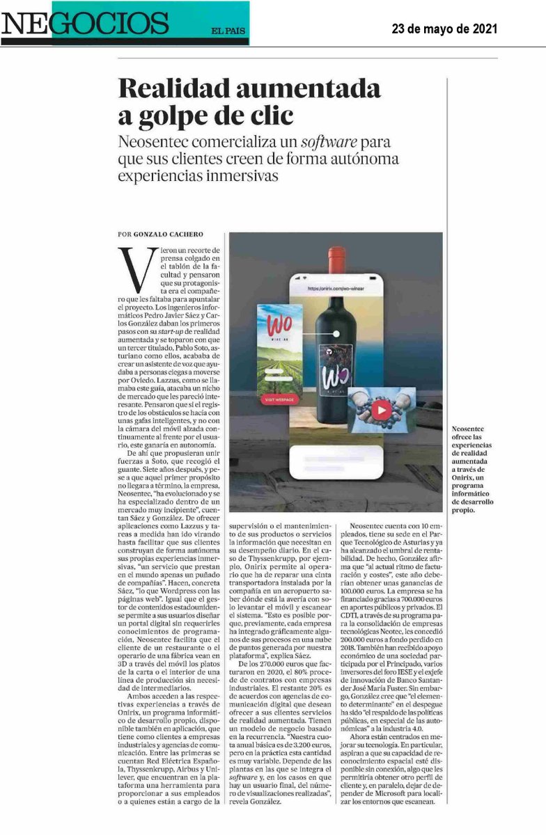 La empresa @Neosentec en el diario 📰 El País.

#CEEIAsturias orgullosos!! 👏👏👏😉
