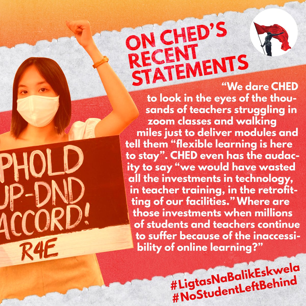 STANDwithIZA's tweet photo. #IZAngLaban para sa #LigtasNaBalikEskwela: On CHED’s Recent Statements

Basahin ang naging pahayag ni USC Vice-Chair Iza Dolores (@izadolores_ ): https://t.co/ITYVQStrfp

#LigtasNaBalikEskwela 
#NoStudentsLeftBehind 
#StandUpTogether https://t.co/Ws8n6xuHrA
