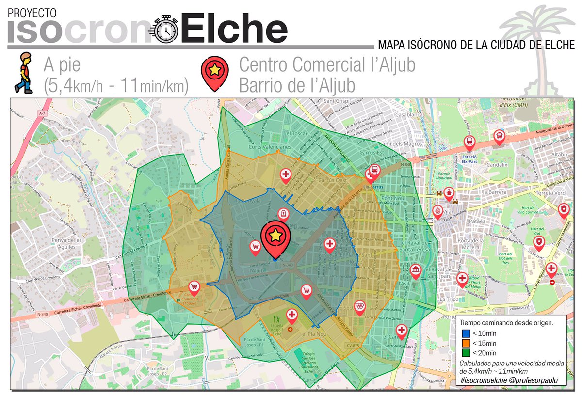 pablosanchezpvd's tweet photo. Proyecto isocronoElche
📍CC l’Aljub
🚶🏻‍♂️A pie
⏰ 10/15/20min
⏱ 5,4km/h (11min/km)

Leyenda:
🔵 <10min 🟠 <15min 🟢 <20min

#isocronoElche #movilidadsostenible
#ciudad10minutos #elxapeu https://t.co/1J4YurWk5X