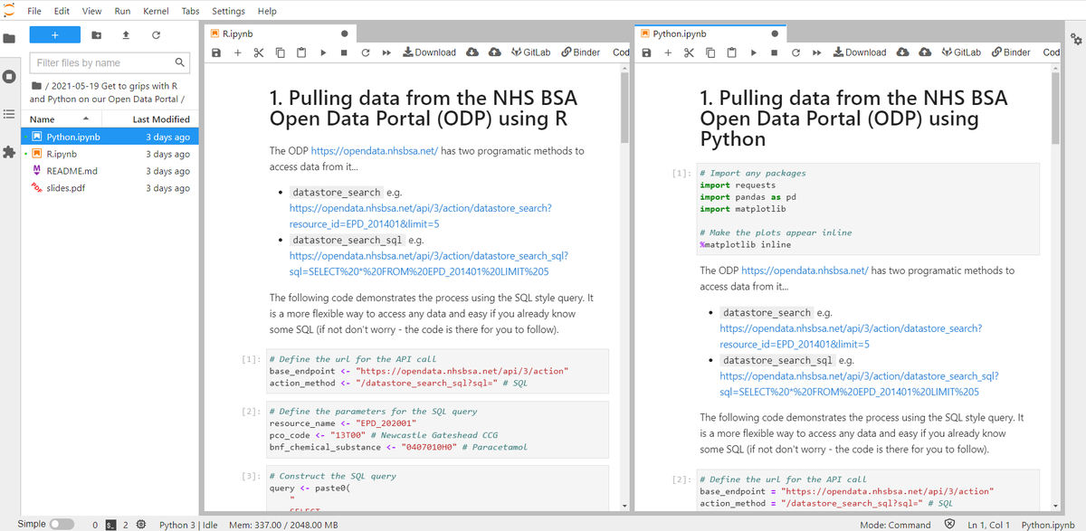 Nhs Business Services Authority Coffee And Coding 30 Attendees Had A Whistle Stop Tour Of Our Open Data Portal Api And Used R And Python In A Side By Side Jupyterlab Environment To