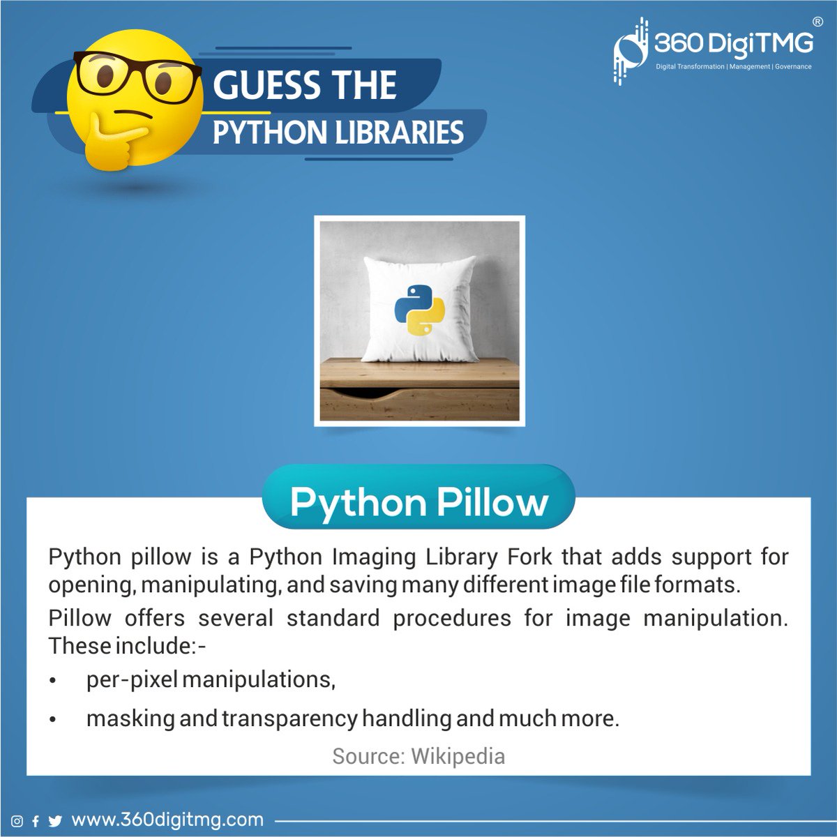 360digitmg's tweet image. #PythonPillow is the answer. Hit the &apos;Like&apos; button if you answered correctly.  

#python #pythonlibraries #PythonImagingLibrary
 #datascience #puzzlechallenge #GuessTheWord #dataanalytics #datascienceusingpython #machinelearning #deeplearning #360DigiTMG