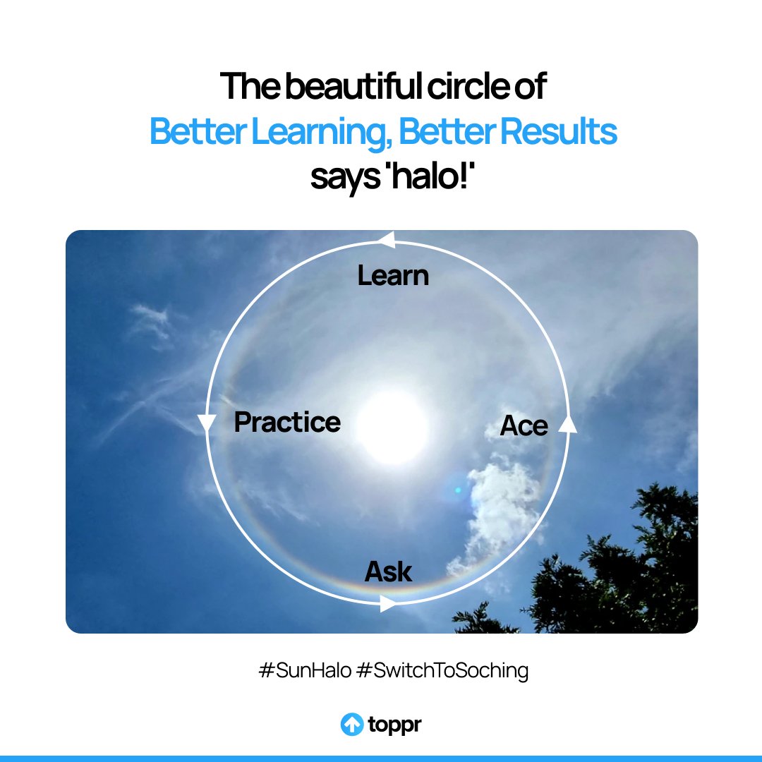 myToppr's tweet photo. The cycle of #BetterLearning and #BetterResults is never ending! Ace that '360Β°' exam preparation with Toppr! ππ
#SwitchToSoching
#SunHalo #rainbow #BangaloreSun #halo #trending https://t.co/r4xNUsfmoq