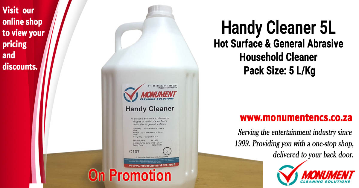 On #Promotion Handy Cleaner 5 Lt Ideal for hot & general surfaces. General abrasive household cleaner Order here monumentcs.co.za/on-promotion-p… #handyandy #surfacecleaner #generalcleaner #kitchen #bathroom #Sanitising #home #restaurant