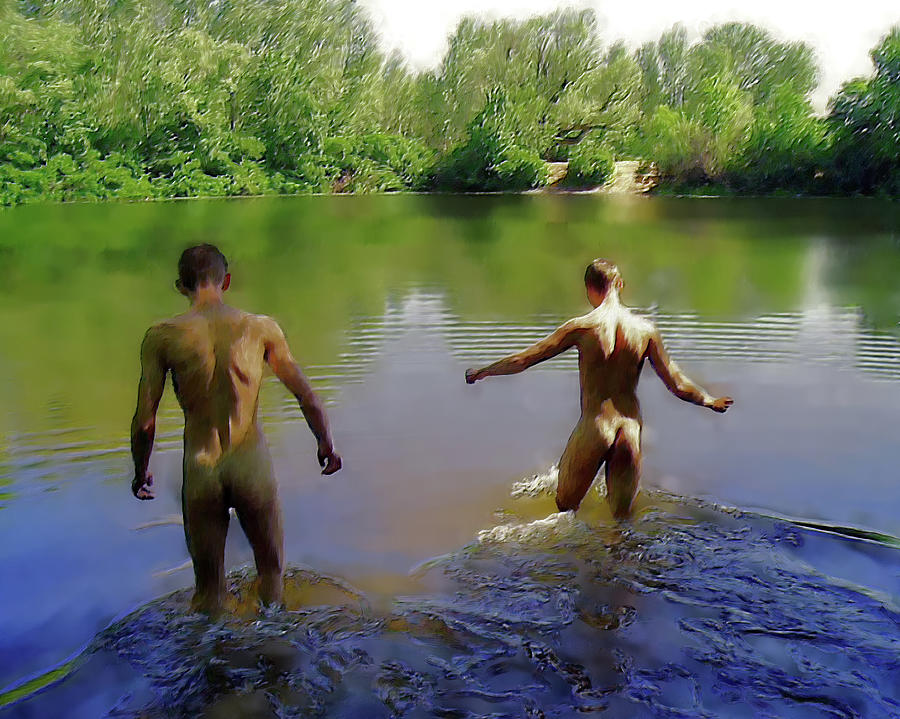 Into the Water (Wading)Warm and intimate original image of two men naked in...