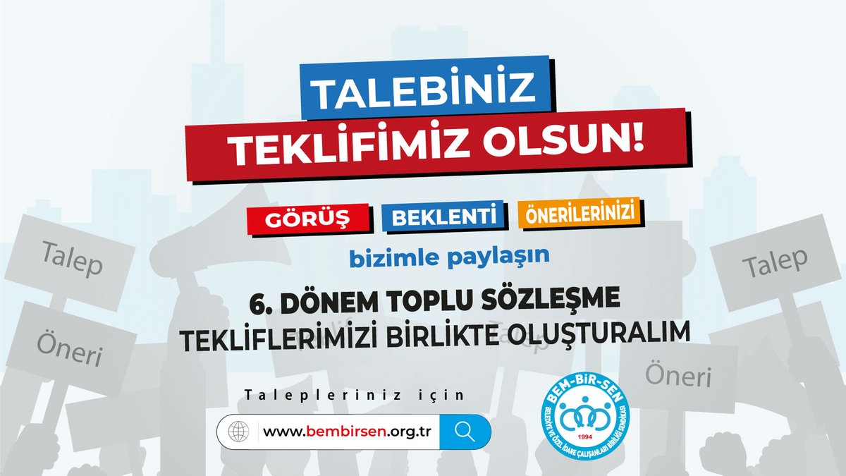 ❝TALEBİNİZ TEKLİFİMİZ OLSUN❞

Genel Yetkide
16. Yılımızda
Yerel Yönetim çalışanlarının sorun, beklenti ve taleplerini tespit ediyoruz.

6. DÖNEM TOPLU SÖZLEŞME öncesinde
görüş ve önerilerinizi bizimle paylaşın,
tekliflerimizi birlikte oluşturalım...

📩
 bembirsen.org.tr/teklif-talep