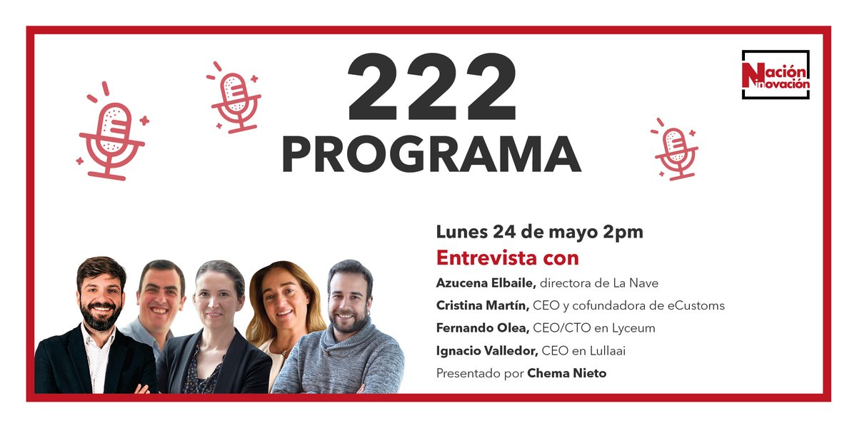 ¡No te lo pierdas! Hoy a las 14h <a href="/ChemaNieto/">Chema Nieto</a> entrevista a:

- <a href="/azuelbaile/">Azucena Elbaile</a>, directora de <a href="/LaNaveMadrid/">La Nave</a>.
- <a href="/fer_kaos_olea/">Fernando Olea</a>, CEO en <a href="/Lyceum_VR/">LYCEUM VR</a>.
- <a href="/nachovalledor/">Nacho</a>, CEO en <a href="/lullaaiApp/">Lullaai</a>.
- <a href="/Cristri3/">Cristina Martin</a>, CEO de @myecustoms.
 
#NaciónInnovación222 bit.ly/3wpu7Vb