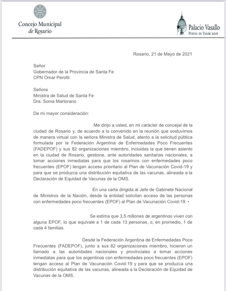 _charlycardozo's tweet photo. VACUNACIÓN PRIORITARIA PARA ROSARINOS CON ENFERMEDADES POCO FRECUENTES, SIN LÍMITE DE EDAD
El viernes ingresamos el pedido formal a @omarperotti y la ministra Martorano para que se incluya en la vacunación COVID prioritaria a las personas con enfermedades poco frecuentes. URGENTE https://t.co/RrJAiSKWDY