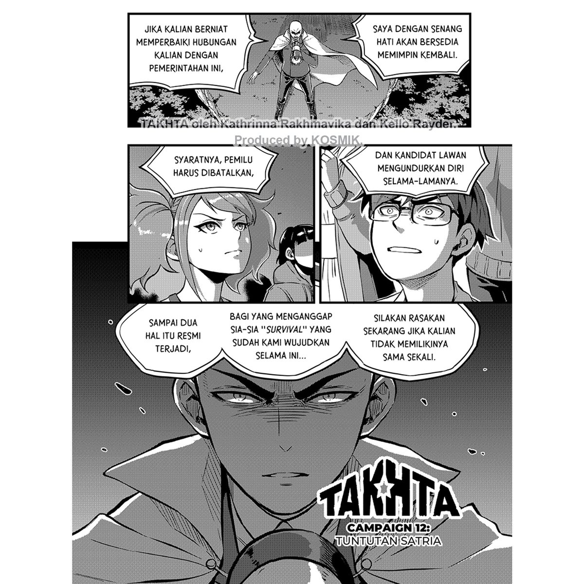 Satria melakukan langkah penuh kekerasan untuk mengambil alih kuasa! Sementara Jun dan Mello berusaha bernegosiasi, Iban dan Waru malah ditangkap. Bagaimana cara mereka keluar dari situasi ini?

CHAPTER 12 #KomikTakhta sudah dirilis! Silakan baca di https://t.co/mxGnTOs2Ga 👏 