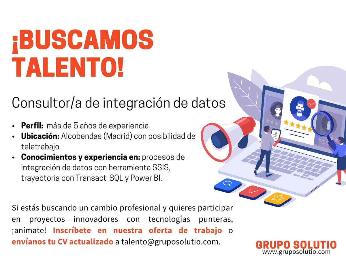 Grupo_Solutio's tweet photo. Seleccionamos un/a Consultor de #integracióndedatos para incorporación en proyecto situado en Alcobendas, #Madrid. 

➡Aplica aquí: https://t.co/oqp7dnZ0Dy
➡Envíanos tu CV a talento@gruposolutio.com

#SolutioTalent #transactsql #SSIS #SQL #BusinessIntelligence #Microsoft https://t.co/pbsqTbtU7m