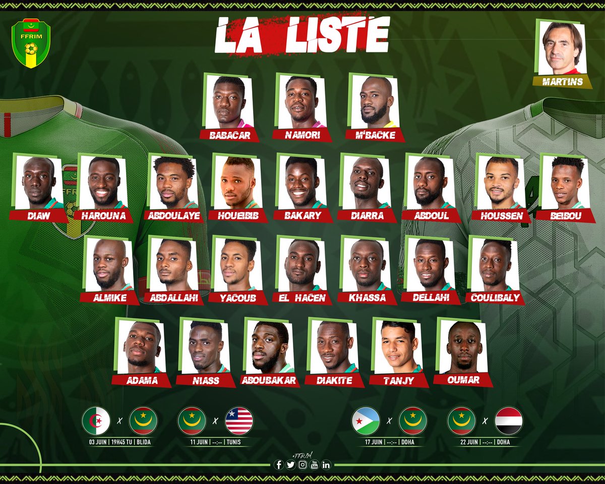 ffrim's tweet photo. #FFRIM 🚨 La liste 🇲🇷 de Corentin Martins pour les matchs amicaux 🆚 l’Algérie 🇩🇿 (3 juin à Blida) 🆚 le Libéria 🇱🇷 (11 juin à Tunis) 🆚 Djibouti 🇩🇯 (17 juin à Doha) et le tour préliminaire de la Coupe Arabe FIFA 🆚 le Yémen 🇾🇪 (22 juin à Doha). https://t.co/tq19nd8MMB