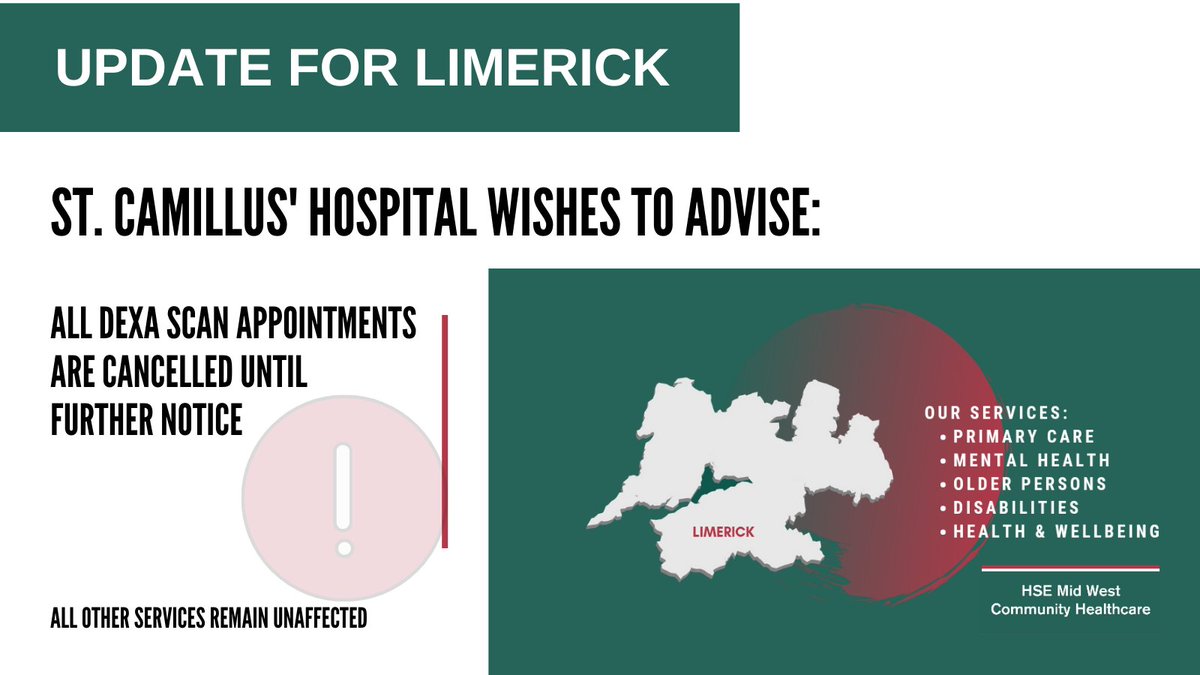 St. Camillus' Hospital Limerick wishes to advise the public of the following:
❌All DEXA Scan appointments are cancelled.
✅All other services remain unaffected.
Apologies for any inconvenience caused.