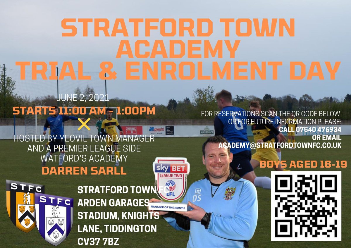 ‼️We have our 3rd trial at Stratford Town Football Club on Wednesday June 2nd!‼️
📥DM or get in touch via the contacts listed in the image to get more information AND scan the QR code to reserve your spot!📱

<a href="/Stratfcyouth/">StratfordTown FC Youth & Reserves</a> <a href="/HeraldNewspaper/">Stratford Herald</a> <a href="/herald_sport/">Herald Sport</a> <a href="/SUAHour/">#SUAHour</a> <a href="/StratforduponA2/">Stratford Upon-Avon Football Alliance.</a>