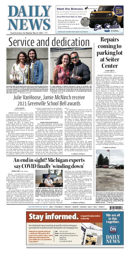 greenvilledn's tweet photo. TODAY: Julie VanHoose and Jamie McNinch receive Greenville School Bell awards
• Repairs coming to parking lot at Seiter Center

• SPORTS: Track regionals result in 34 area individuals and one local team qualifying for state finals https://t.co/QRQcKJS4uB