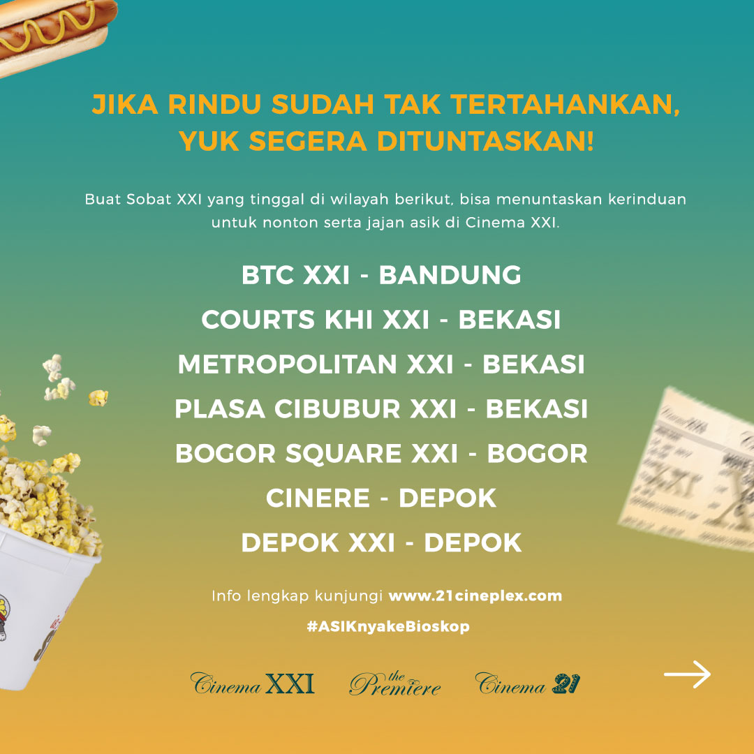 cinema21's tweet photo. Kepada seluruh Sobat XXI, coba deh dicek nih lokasi mana aja yang buka.

Mulai besok banyak banget lokasi Cinema XXI yang akan beroperasi kembali. Tampa berlama-lama, ayok tuntaskan kerinduannya!

#Semangat21 https://t.co/AcANc9MmUs