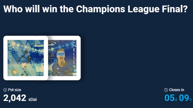 RealityCards's tweet photo. New event! 📅

"Who will win the Champions League Final?" ⚽️

Man City vs. Chelsea - this event is open for just over 5 days, with $2,000 pre-seeded. 

Includes art featured by community member 
@cryptocomical! https://t.co/iSJLaIJdT9