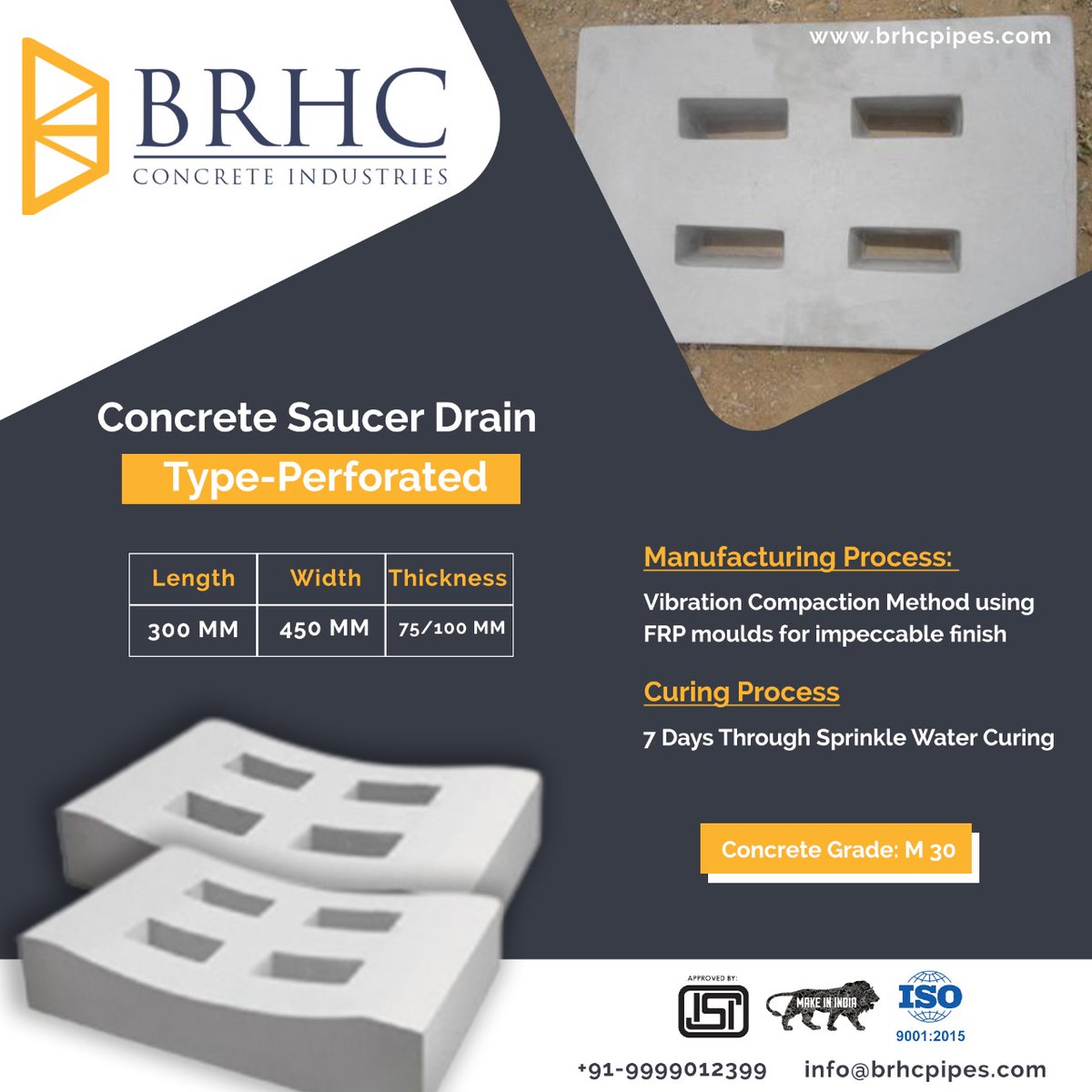 RCCPipe's tweet photo. Embedded between the roads and the kerb stones in order to trail the water out from the roads, Concrete Saucer Drain (Type-Perforated) with a standard length 300 MM, width 450 MM and thickness 75/100 MM 

Email: info@brhcpipes.com | 9999012399 https://t.co/j9sexrKMtM
