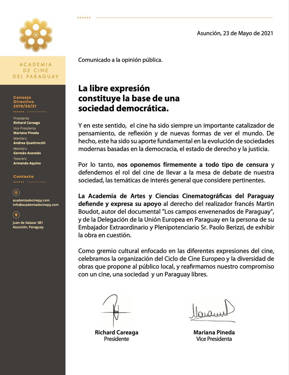 Comunicado a la opinión pública sobre el caso de intento de censura a una obra cinematográfica.