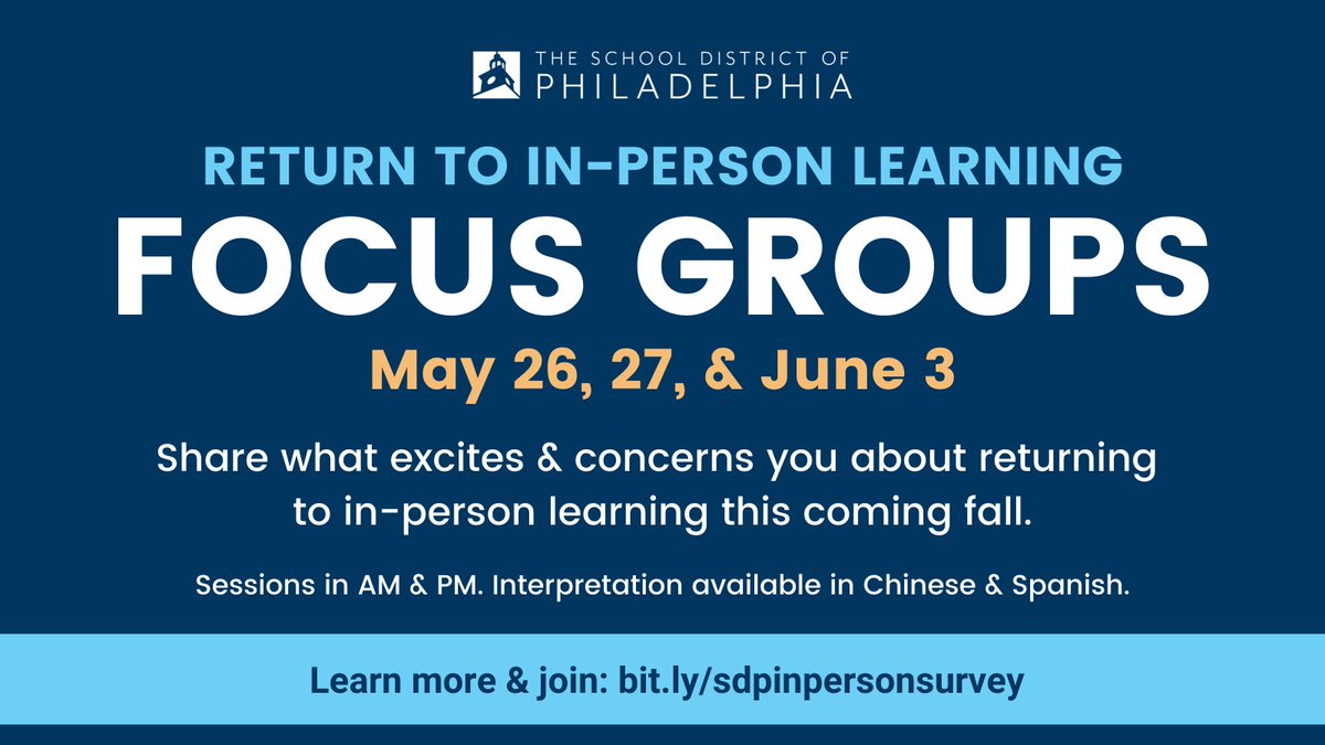 Join District leaders May 26, 27, &amp; June 3 for a series of focus groups to share what excites &amp; concerns you about returning to in-person learning this coming fall. Sessions in AM &amp; PM. Interpretation available in Chinese &amp; Spanish. Learn more &amp; join: bit.ly/sdpinpersonsur…