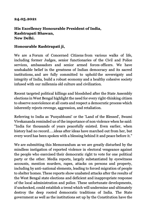 Ramlal's tweet photo. 146 former Civil, Police, Justice, Diplomat and Defence officers expressed their concerns against the post-poll violence that is being committed in the West Bengal by writing a letter to Hon. President of India.  #SaveBengal https://t.co/OsV1beS5xs