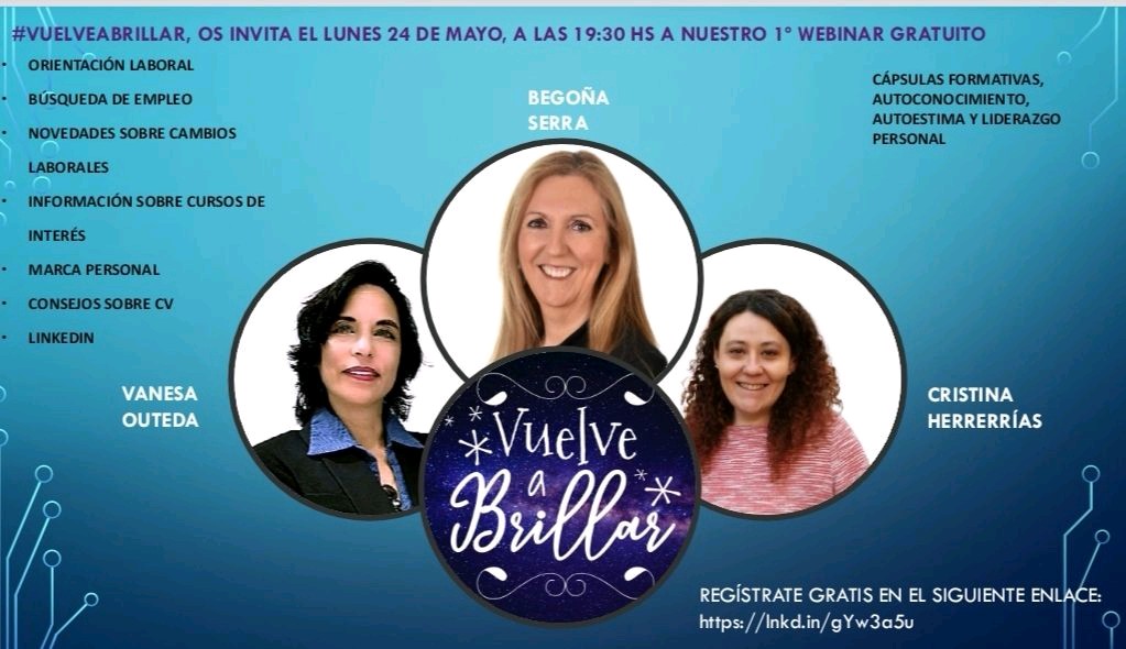 begonyaserra's tweet photo. Esta tarde a las 19:30 horas te esperamos en la #webinar de presentación del Proyecto #vuelveabrillar en la que te explicamos cómo podemos acompañarte en la búsqueda activa de #empleo. Inscríbete en;
https://t.co/9XbCsSwVJK
#begonyaserracoach #trabajo https://t.co/UenTeLvfBg