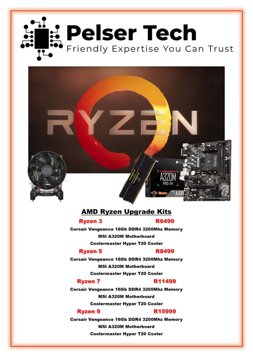 LtdPelser's tweet photo. AMD Ryzen Upgrade Kits Now At Pelser Tech 
Get your AMD Kit here https://t.co/6Mek9qGyaq

Be sure to open your account on Pelser Tech as we send out Coupons on a regular basis.

More specials coming later today...!! https://t.co/wZ84YggbsY