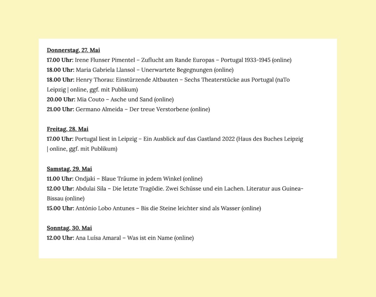 Portugal at the 2021 Leipzig book fair! Stay tuned!

Check the full programme here: 
camoesberlim.de/eventos/portug…

#bookfair #leipzigbookfair #Leipzigerbuchmesse #portugal #books #livros #leipzig #portugueselanguage #literature #literatur #literatura #bücherliebe