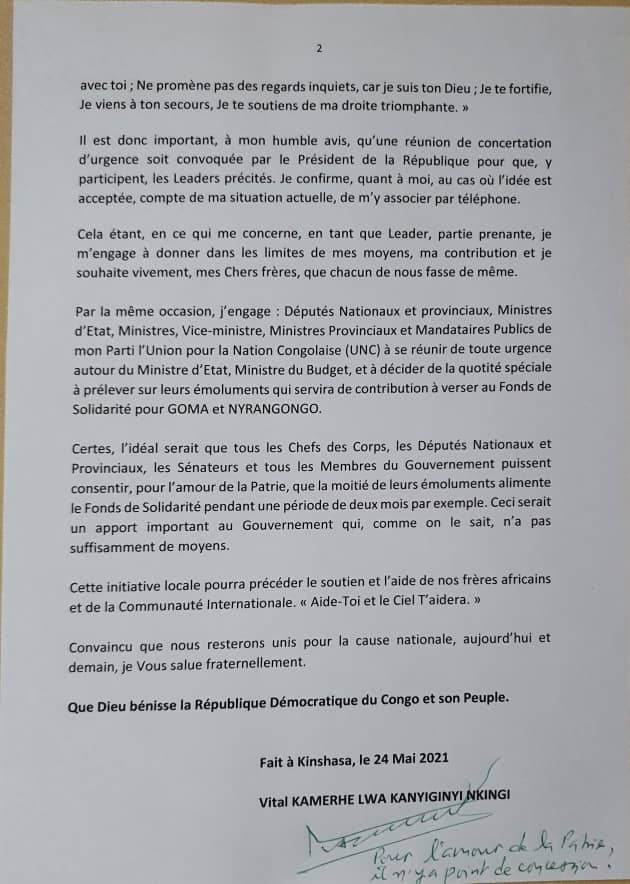 #Volcan: Vital Kamerhe s'active pour #Goma et #Nyragongo. Il propose une réunion Katumbi, Bemba, Kabila, Fayulu à convoquer par Félix Tshisekedi et se propose de participer au téléphone au regard de sa situation actuelle. Objectif : activer le fonds le fonds de solidarité