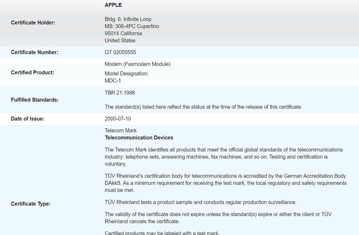 TechBlitz5's tweet photo. Is this #Apple's New MODEM MDC-1 on TUV Rheinland Certification🤔🤔 (Not Sure)
#AppleMDC1 #AppleModem #AppleModemMDC1 #ModemMDC1 https://t.co/VlKpixRM48