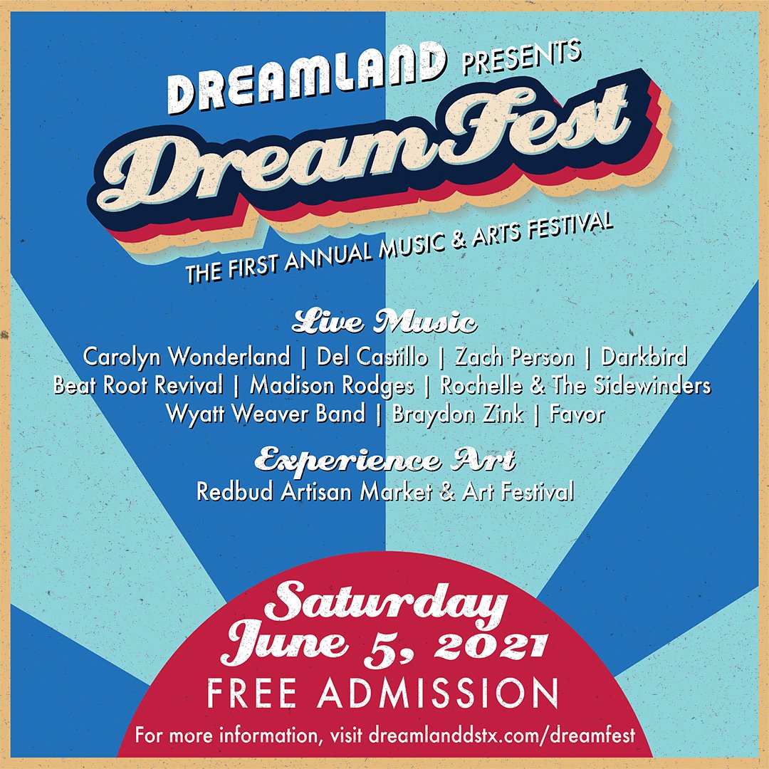 Our DreamFest is in less than TWO weeks: a day full of 10 music acts, an art market, mobile axe throwing, and Kids Day! 

Find out more info here: dreamlanddstx.com/dreamfest