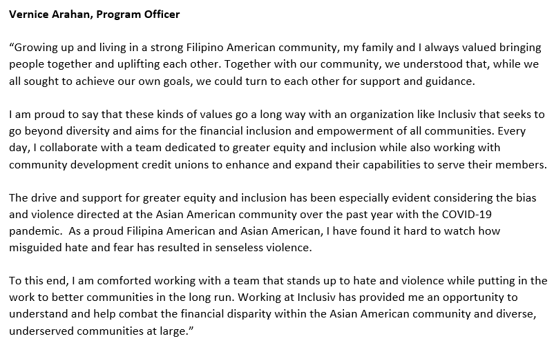 InclusivCDCUs's tweet photo. Thanks to #Inclusiv's program officer Vernice Arahan for sharing her story: bringing the strong values of her Filipino American experience to an organization that furthers #financialinclusion for all communities. Read her full statement below. #AAPIHeritageMonth #APAHM https://t.co/AQLlGLT1oo