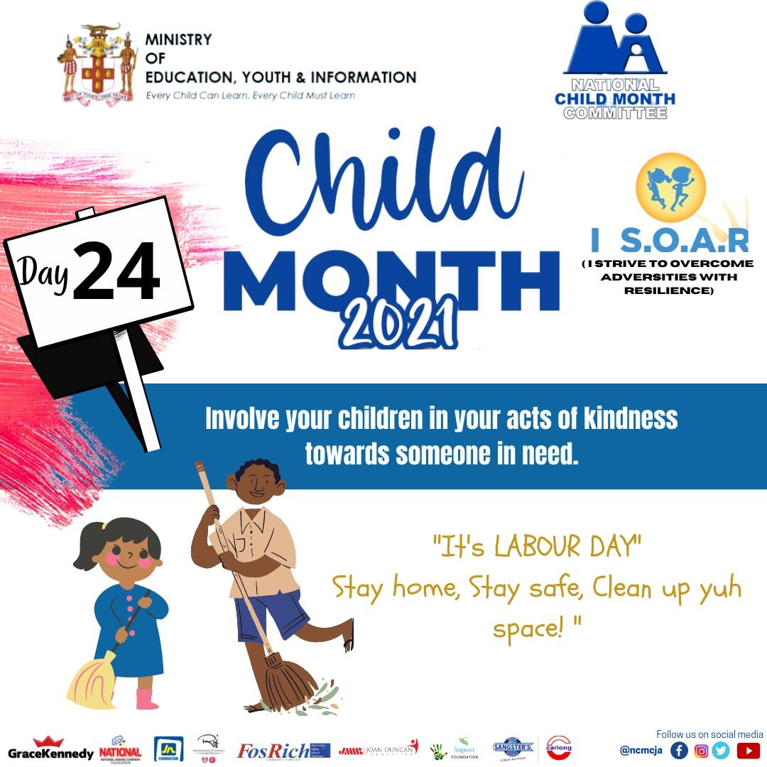 cpfsajm's tweet photo. Day 24!! 🎉
It's Labour Day!
'Stay at Home, Stay Safe and Clean up Yuh Space’
How have you been spending Labour Day?
#ISOAR #childmonthja https://t.co/PXJZcUpwL4