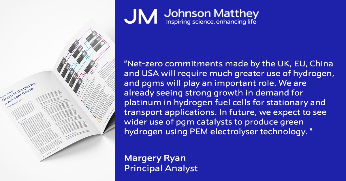 Johnson_Matthey's tweet photo. Our latest #PgmMarketReport includes a special feature on ‘Green hydrogen for a #netzero future’ and the important role #pgms will play in the #hydrogen economy. Read more and download the full report: 

https://t.co/60johmOR6O https://t.co/9scJ8UGeOV