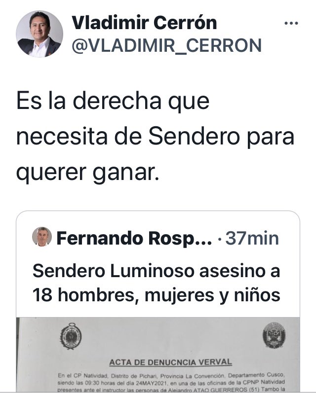 PCaterianoB's tweet photo. Este tuit de @VLADIMIR_CERRON jefe del partido del profesor Castillo, prueba la irresponsabilidad y demagogia con la que Perú Libre maneja un tema tan delicado como es la lucha contra el terrorismo. https://t.co/siE4JOM4B9
