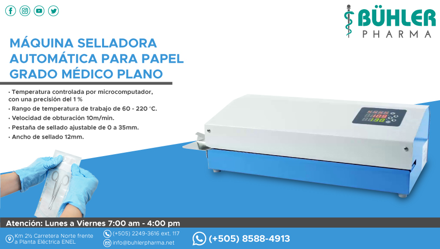 SELLADORA PARA PAPEL GRADO MÉDICO
Temperatura controlada con precisión del 1%
Rango de temperatura (60 - 220 °C.)
Velocidad de obturación 10m/min.

Contáctenos:
☎️2249-3616 ext. 117
✉️info@buhlerpharma.net
#Buhlerpharma #maquinaselladora #papelgradomedico