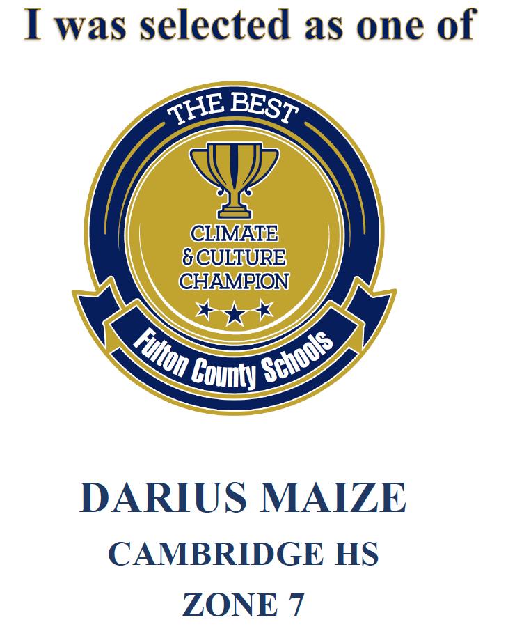 Congratulations Darius Maize for being chosen FCS' Zone 7 Climate &amp; Culture Champion for May 2021! See what your colleagues had to say about you:  youtu.be/oMhnZUR-Kxg

 @MaribelbellEds <a href="/gyimah_whitaker/">Dr. Gyimah Whitaker</a> <a href="/CMatthewsFCS/">Christopher Matthews</a> @CJ_FCS_CAO <a href="/JoseGMena/">Jose Mena</a> <a href="/ashleyagans/">Ashley Agans</a> <a href="/FultonZone7/">Dr. Crumbley</a>