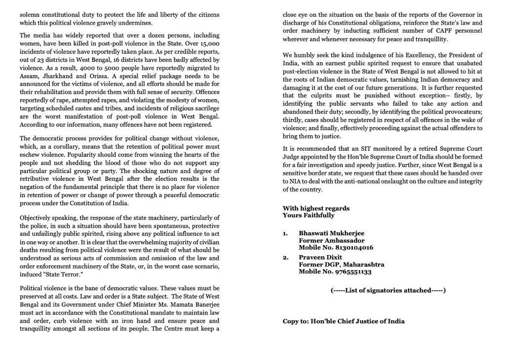 friendsofrss's tweet photo. 146 former Civil, Police, Diplomats and Defence officers and Justices expressed their concern against the post-poll violence that is being committed in the West Bengal by writing a letter to Hon. @rashtrapatibhvn of India.  #SaveBengal https://t.co/vz8mCGE35B